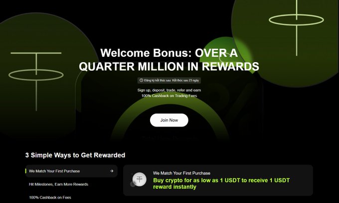A cryptocurrency exchange promotional banner offering a 'Welcome Bonus: OVER A QUARTER MILLION IN REWARDS,' highlighting 'We Match Your First Purchase' for 1 USDT.