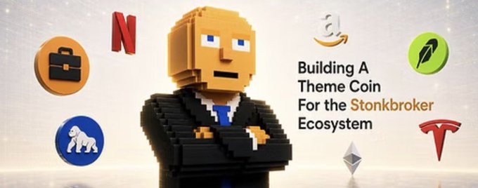 A promotional image featuring a pixelated man in a suit with crossed arms, surrounded by logos of companies like Netflix and Amazon. The text reads 'Building A Theme Coin For the Stonkbroker Ecosystem'.