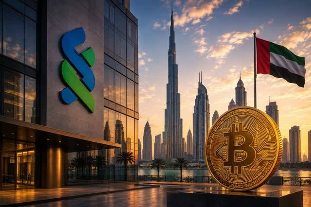 Digital composite showing a building with a green and blue logo, the Burj Khalifa and Dubai skyline, the UAE flag, and a large golden Bitcoin coin.