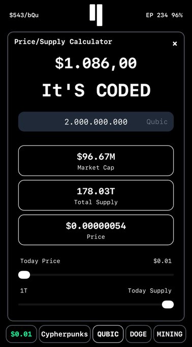 A dark-themed Price/Supply Calculator app screen displays "IT'S CODED" with a price of $1,086.00, showing $96.67M Market Cap, 178.03T Total Supply, and $0.00000054 Price for a token labeled "Qubic."