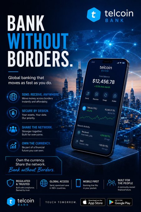 The image shows a cell phone that has an app installed for "Bank.Without. Borders" with a city skyline displayed on its screen. The background of the image includes the words "r.telco.in/WccT8kAKSYzT6M". This suggests that it is promoting a mobile banking service, specifically from Telcoin Bank. The advertisement features text and visuals related to the bank's services or products, likely explaining how their platform can help people access these services more conveniently across borders through the use of their app on cell phones.