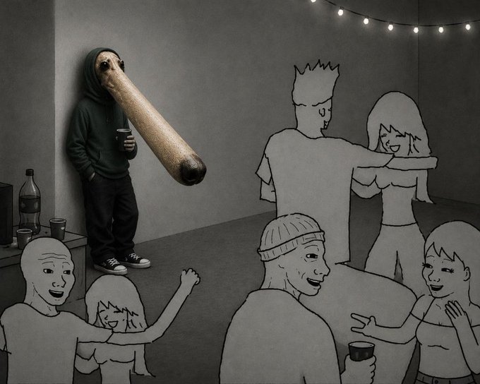 A person with a dog's long nose stands alone at a party while others dance, visually representing the caption "man, they just don't understand how looong I am."