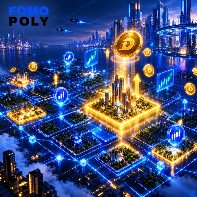 A futuristic city graphic labeled “FOMO POLY” features neon blue and gold city blocks, glowing chart icons, arrows, network lines, and a large gold coin marked with a stylized “D.”