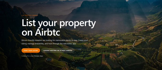 The image shows a website called "Airbtc" with an advertisement for listing properties on it. The text on the website encourages people to invest in Bitcoin, which is related to the main content of the image where there are mountains and fields. This suggests that the website might be promoting real estate services or products using Bitcoin as a means of payment.