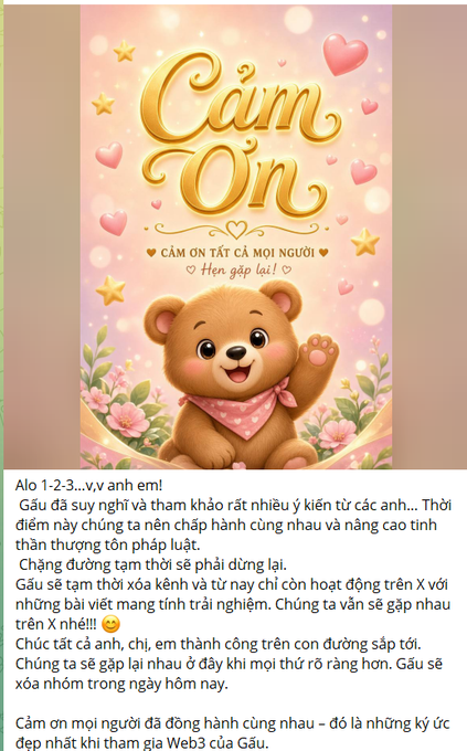 A thank you graphic with a teddy bear and pink hearts featuring Vietnamese text 'Cảm Ơn' and a farewell message.