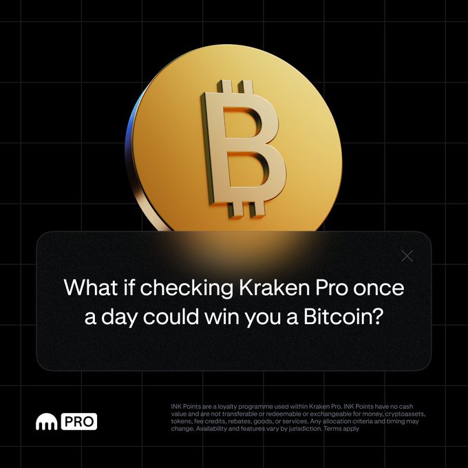 A golden Bitcoin coin is displayed above a text box reading "What if checking Kraken Pro once a day could win you a Bitcoin?" with the Kraken Pro logo and fine print about INK Points loyalty program below. The image promotes Kraken Pro's Price Predictor feature, which lets users make a daily prediction without requiring a deposit or position to win Bitcoin.