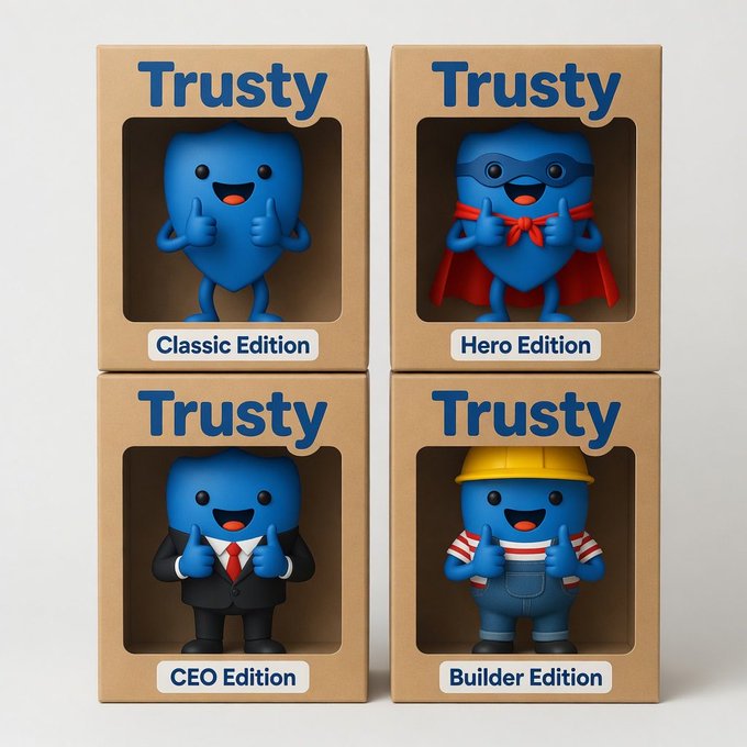 The image features four blue Trusty figurines, each with different outfits and accessories, placed inside cardboard boxes labeled "Classic Edition", "HERO EDITION", "CEO Edition", and "BUILDER EDITION". The boxes are arranged on a table or countertop, showcasing the Trusty collection in an appealing manner.