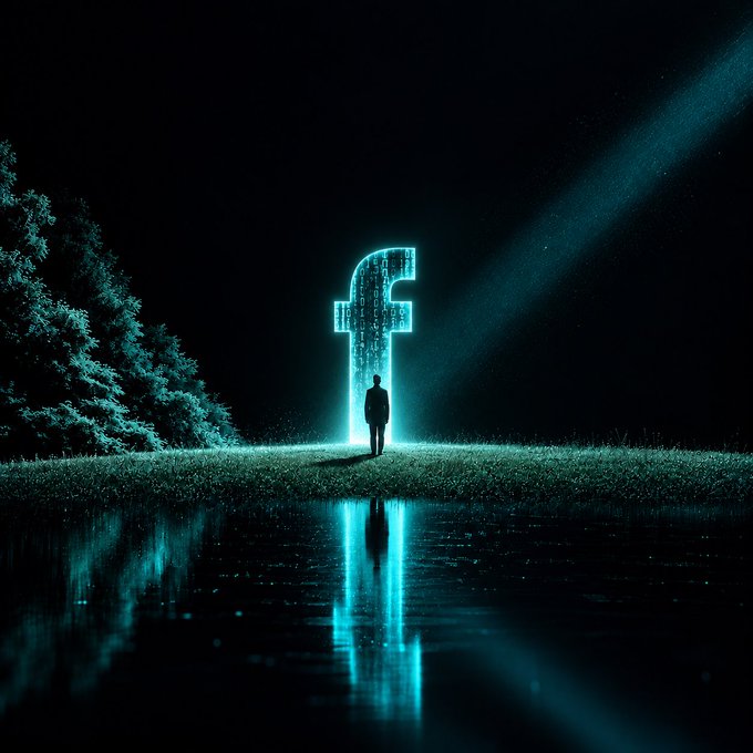 A silhouetted figure stands on a grassy bank at night, gazing at a glowing cyan Facebook "f" logo that hovers over a dark reflective water, with a beam of light piercing the sky. The image evokes a sense of mystery and anticipation, fitting the post's teaser of a "big week for encryptors."