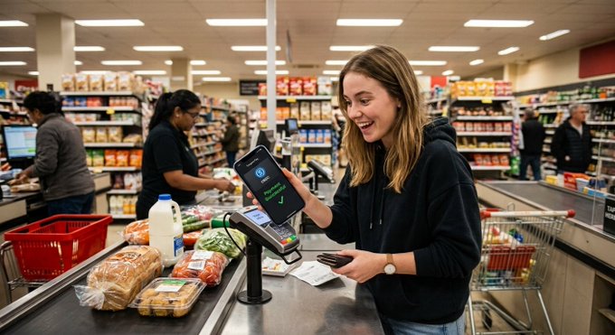A smiling woman at a grocery store checkout holds up a smartphone displaying a green checkmark next to a payment terminal, surrounded by various items on the counter.