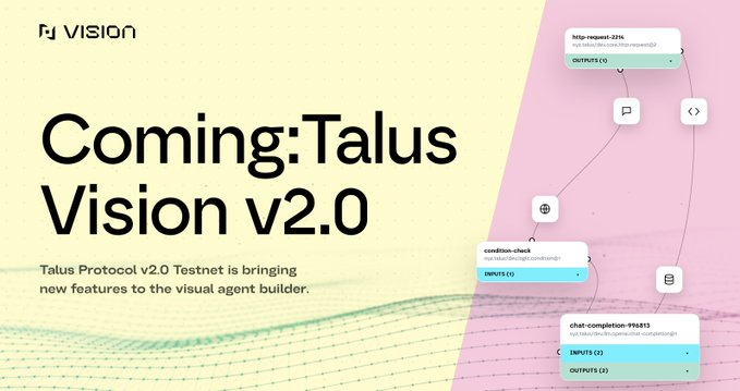 A promotional graphic announces "Coming: Talus Vision v2.0," stating that "Talus Protocol v2.0 Testnet is bringing new features to the visual agent builder," alongside a visual node workflow diagram.
