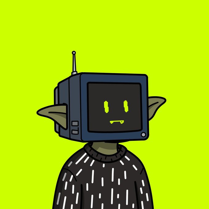 A digital illustration depicts a character with a television set for a head, featuring glowing green eyes and a smile, wearing a black sweater against a vibrant green background.