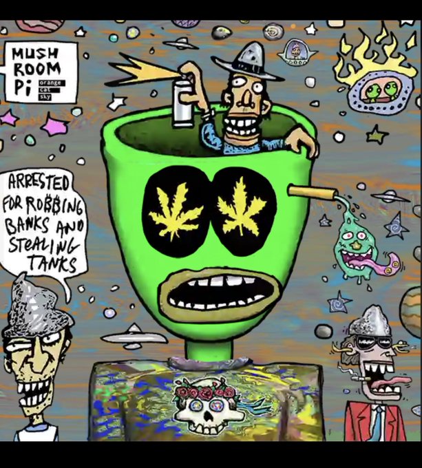 A psychedelic, cartoonish artwork features a large green head with cannabis leaves for eyes, a smaller figure inside it, and a character with a speech bubble reading 'ARRESTED FOR ROBBING BANKS AND STEALING TANKS'.