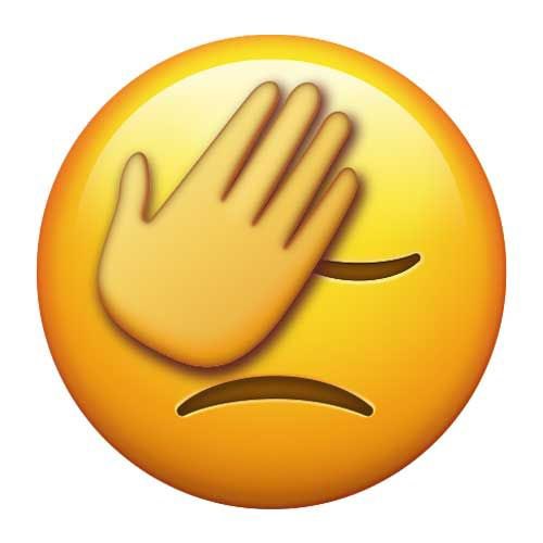A yellow emoji-style icon depicting a raised open hand above a frowning mouth, set against an orange circular background.