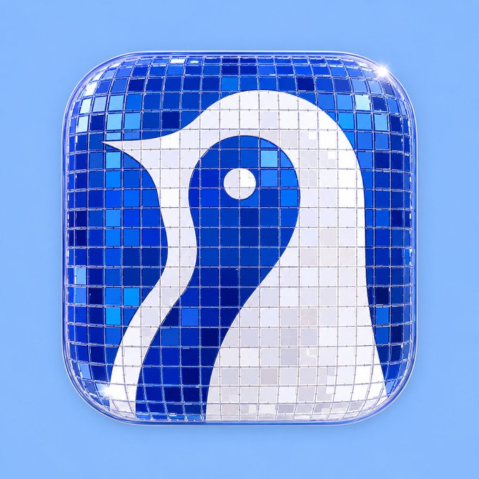 The image features a square app icon designed as a penguin, which appears to be floating above a blue surface, possibly a water body or sky. The penguin logo, made of colored tiles, sits atop a blue background with a small dot in the center representing a coin. Below this central dot is another white tile featuring a symmetrical design, also incorporating color and patterned elements. The overall scene suggests an interface that promotes digital currency usage, specifically focusing on Bitcoin.