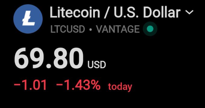 A digital display shows the cryptocurrency ticker 'LTCUSD' (Litecoin / U.S. Dollar) on the VANTAGE exchange, trading at 69.80 USD, down -1.01 or -1.43% for the day.