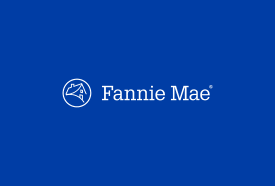 A solid blue background displaying the white 'Fannie Mae' logo with its stylized house emblem.