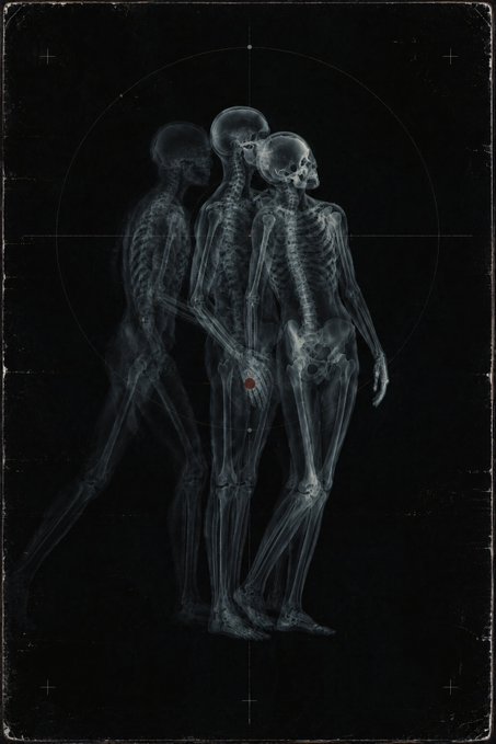 An X-ray style image showing three skeletal human figures walking together against a dark background, with one figure featuring a small red dot near its hand.