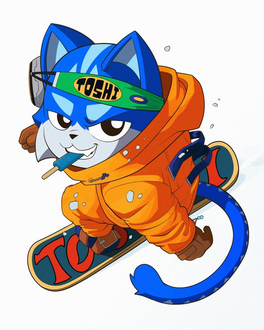 An illustration of a blue cat character wearing an orange hoodie and a green visor with 'TOSHI' on it, holding a popsicle and standing on a snowboard with 'TC' written on it.