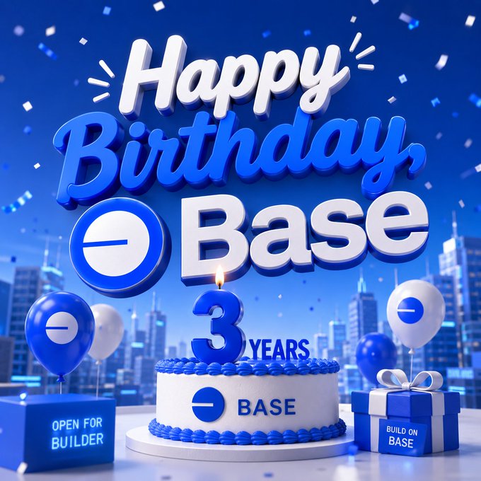 A birthday celebration graphic for Base with text 'Happy Birthday Base 3 YEARS', featuring a blue and white birthday cake with 'BASE' on it, balloons with the Base logo, and a gift box labeled 'BUILD ON BASE' against a city skyline backdrop.