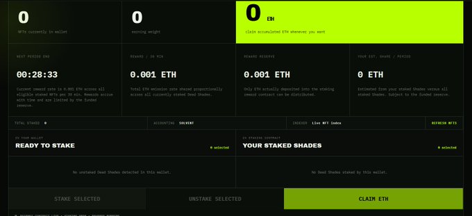 A crypto staking dashboard with green accent panels showing 0 NFTs in wallet, 0 staking weight, 0 ETH claimable, a 00:28:33 next reward time, 0.001 ETH rewards, and sections for Ready to Stake and Your Staked Shades.