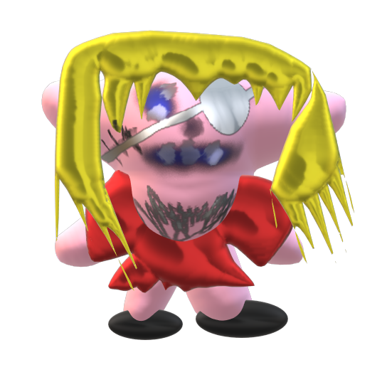 A distorted 3D-rendered character with yellow hair, an eyepatch, and a red outfit, featuring a creepy smiling face with visible teeth and messy beard-like markings. The image serves as the artwork for a digital collectible titled "anna" by artist @moesh1t on the @objktcom NFT platform.