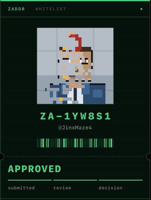 A pixel art trading card titled 'ZADDR WHITELIST' showing a character with a red mohawk, with the code 'ZA-1YW8S1', handle '@JinxMaze4', a green barcode, and an 'APPROVED' status.