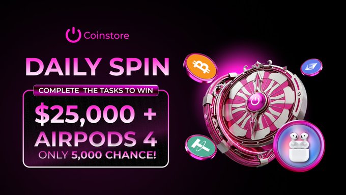 The image features a pink spinning wheel with various symbols, including a dollar sign, an AirPods logo, and a cat icon. The text on the poster encourages people to spin the wheel and win $20,000 US dollars or more Futures bonus points by trading in the spot. The post emphasizes that this isn't just another lucky spin but rather a strategy for winning money through spinning the wheel.