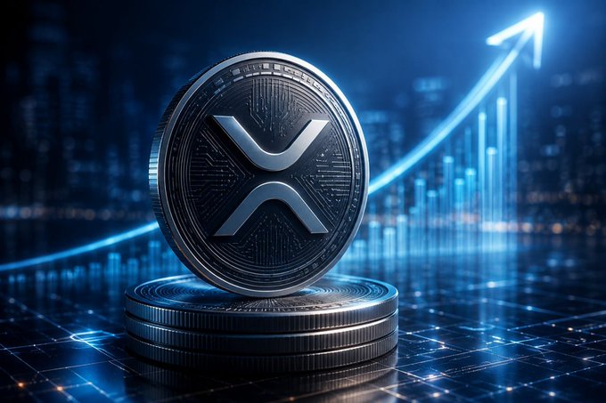 A 3D rendering of a silver XRP coin stacked on a pedestal against a dark blue background with glowing upward-pointing arrows and chart lines.