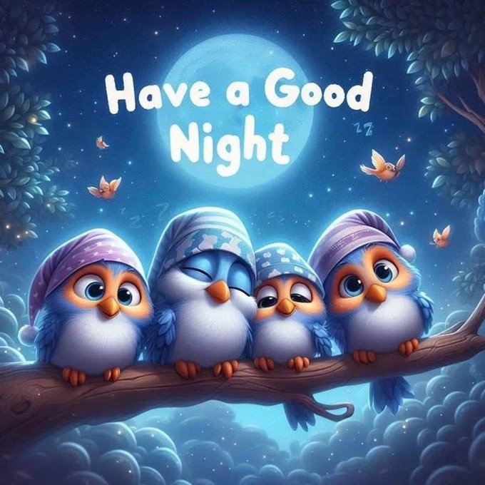 A whimsical digital illustration of four blue and white owls wearing nightcaps perched on a tree branch against a full moon, with the text 'Have a Good Night' displayed prominently.