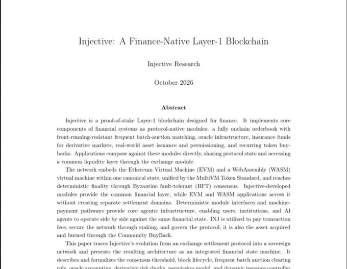 The title page and abstract of a research paper titled "Injective: A Finance-Native Layer-1 Blockchain" by Injective Research, dated October 2026.