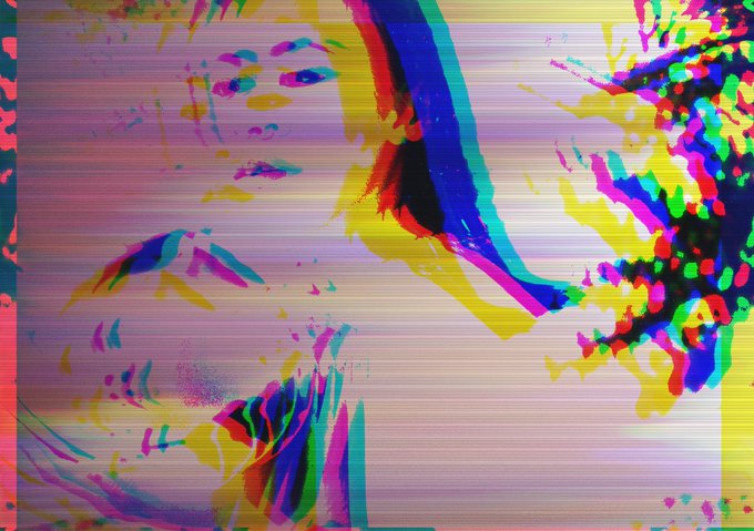 An abstract, glitchy digital artwork with horizontal scan lines and vibrant splashes of pink, yellow, blue, and green.