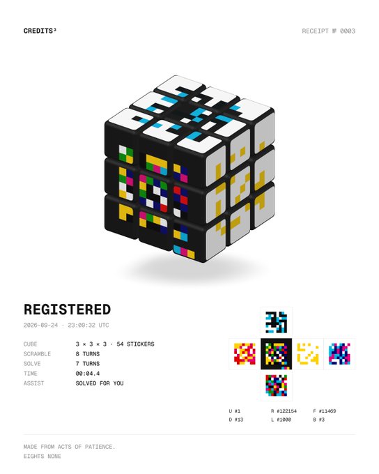 A receipt-style digital artwork from CREDITS showing a 3x3x3 Rubik's Cube covered in colorful mosaic stickers, labeled as 'Receipt #0003' registered on 2026-09-24 with a solve time of 00:04.4.