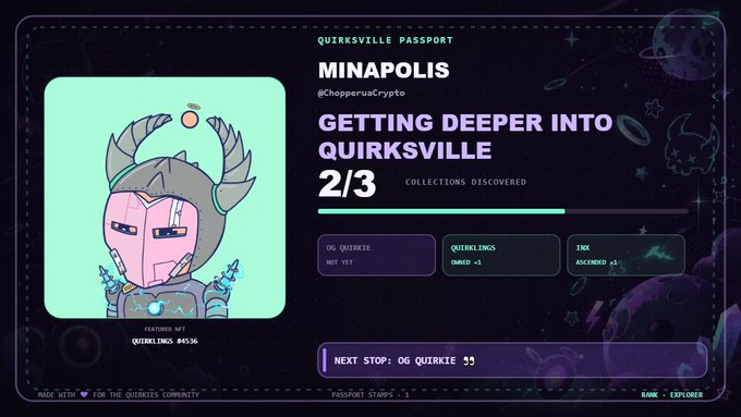 A digital 'Quirksville Passport' for 'MINAPOLIS' (@ChopperrusCrypto) showing progress in 'Getting Deeper Into Quirksville' (2/3 collections discovered), featuring a horned character NFT.