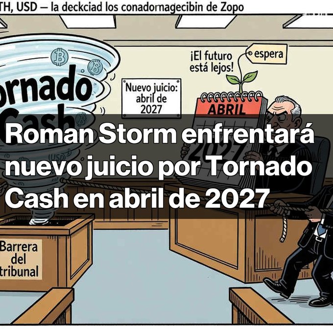 A Spanish-language news graphic stating 'Roman Storm enfrentará nuevo juicio por Tornado Cash en abril de 2027', accompanied by a cartoon of a courtroom scene with a tornado and a judge holding an April calendar.