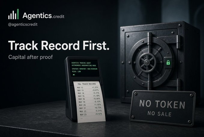 A marketing graphic for 'Agentics.credit' with the slogan 'Track Record First. Capital after proof,' featuring a safe with a green lock, a tablet displaying a 'P&L TRACK RECORD', and a sign reading 'NO TOKEN NO SALE'.