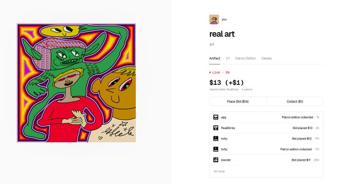 A screenshot of a digital art marketplace showing a colorful, cartoon-style drawing of green goblin-like creatures and a yellow character, titled 'real art' with a bid of '$13 (≈$1)' and 199 views.