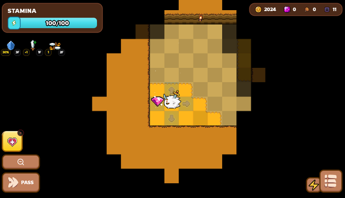 Top-down mobile game screenshot with a stamina bar at 100/100, 2024 currency displayed, a grid-based orange and checkered arena with a character and purple gem on a tile.