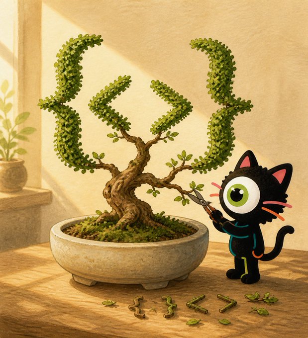A whimsical digital illustration showing a cartoonish black cat with one large green eye trimming a bonsai tree shaped like curly braces `{ }`, with small cut branches scattered on the wooden surface below.