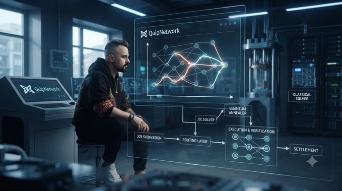 A man sits in a high-tech control room while a holographic display shows 'QuipNetwork' with flowcharts including 'JOB SUBMISSION', 'ROUTING LAYER', 'EXECUTION & VERIFICATION', and 'SETTLEMENT'.