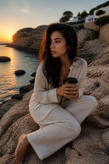 A young woman in a light beige outfit sits cross-legged on coastal rocks at sunset, holding a paper coffee cup and gazing out at the water.