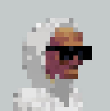 A highly pixelated, low-resolution digital art portrait depicting a figure with white hair and a wide black visor or sunglasses against a light gray background.