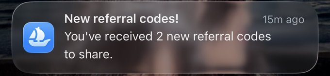 iPhone notification from an app with a sailboat icon reading 'New referral codes! You've received 2 new referral codes to share.' timestamped 15m ago.