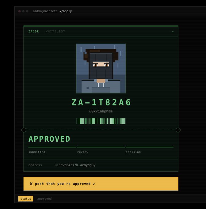 A screenshot of a Zaddr Whitelist approval confirmation displaying the username "@xv1nhpham," reference code "ZA-1T82A6," and an Ethereum address ending in "dg3y," with the status marked as "approved" and prompting the user to share on X.
