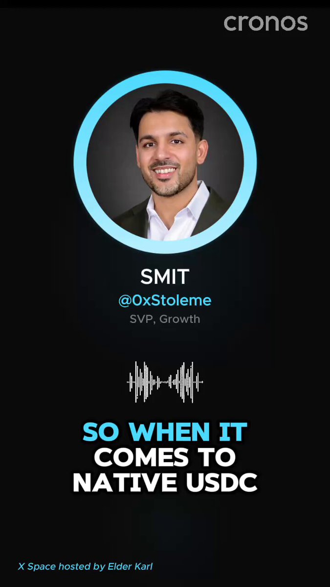The image features a man with a smiley face, wearing a suit and tie, who appears to be a speaker or expert in the field of growth strategies for companies. The image also includes text that reads "So When It Comes To Native USDC", which is likely a reference to the Cronos Network platform where the post was shared.