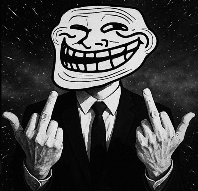 A black and white troll face meme image featuring a suited figure with hands raised against a starry cosmic background.