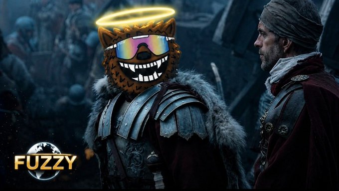 A digitally edited battle scene features a knight with a fuzzy brown bear head, rainbow ski goggles, and a glowing halo, standing next to another armored character, with the word 'FUZZY' in the corner.
