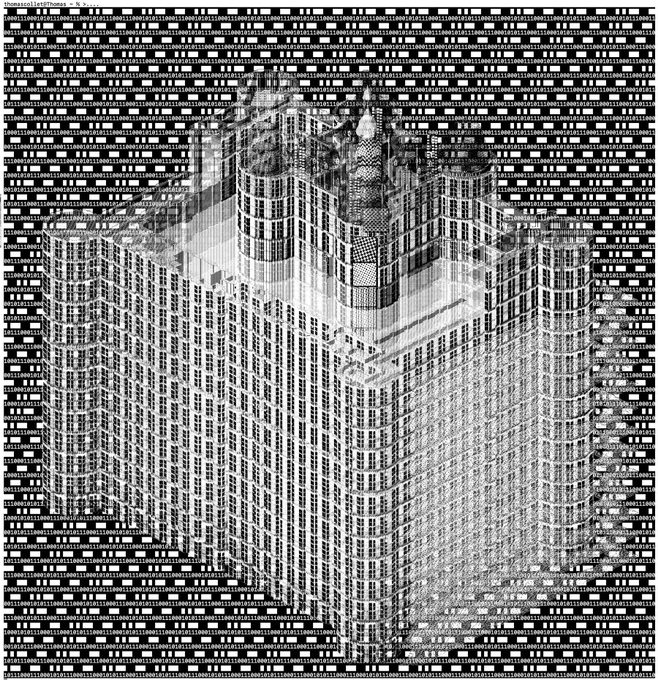 A complex black-and-white digital artwork depicting skyscrapers overlaid with distorted, barcode-like patterns and binary code.