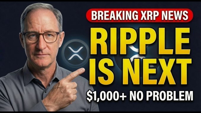 A man points to bold text reading "BREAKING XRP NEWS: RIPPLE IS NEXT - $1,000+ NO PROBLEM," promoting a YouTube video about a DTCC deadline and Swift update regarding XRP.