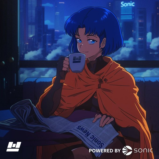 Anime-style illustration of a blue-haired female character in an orange cape drinking from a mug while reading the 'Sonic News', with 'POWERED BY SONIC' and 'Sonic' logos visible against a nighttime cityscape backdrop.