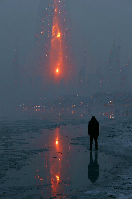 A solitary hooded figure standing on a wet, reflective surface facing a towering structure emitting intense orange/red glowing lights in a misty, dystopian atmosphere.